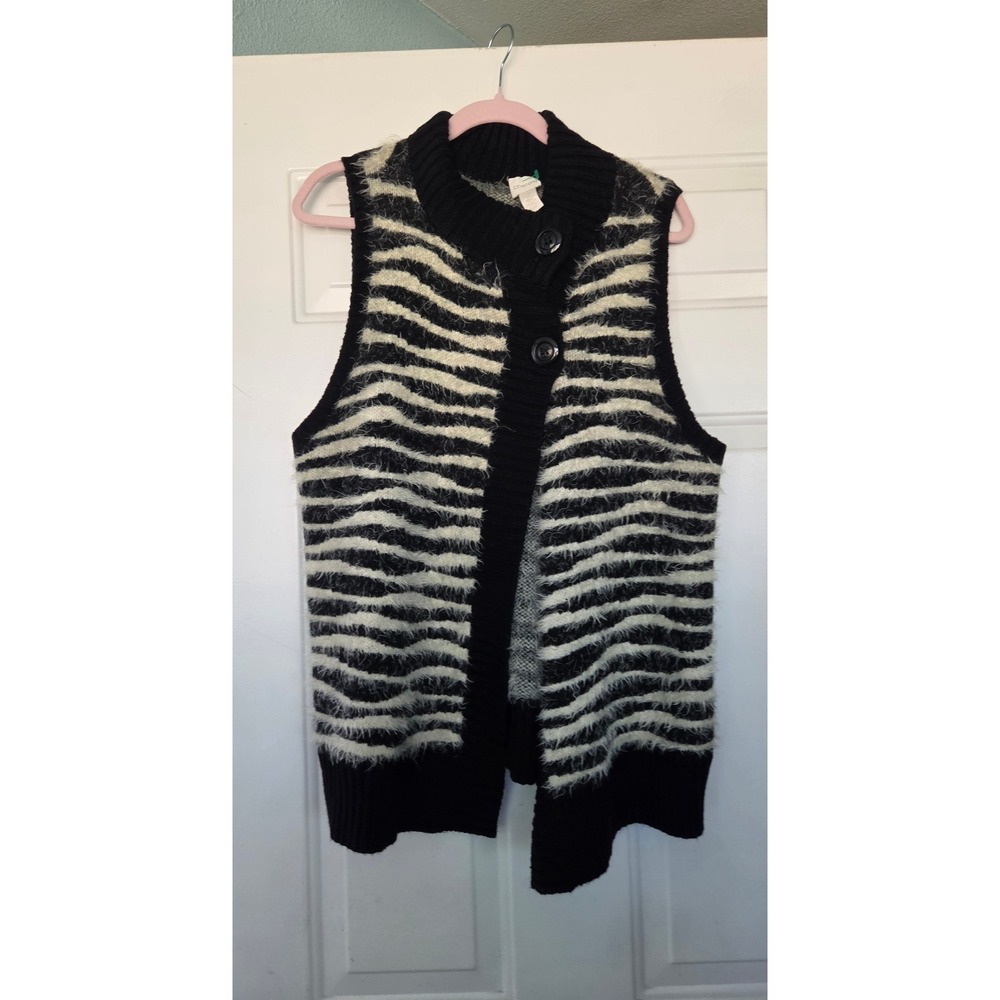 Chico's Zebra Stripe Fuzzy Eyelash Knit Sweater Vest Mock Neck Black White 1 M